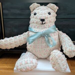 Plush Teddy Bear withRibbon - Pink & Cream Textured Fabric